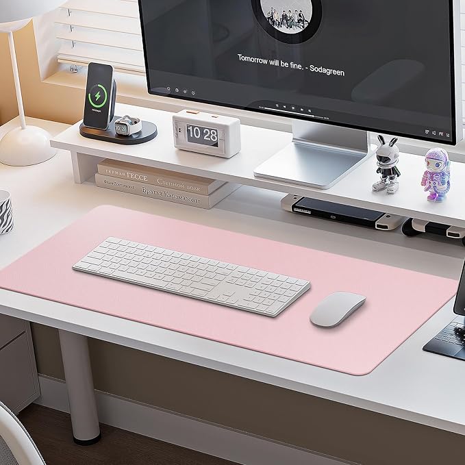 Boutilon Leather Desk Pad Protector,Non-Slip Mouse Pad,Laptop Desk Pad,Office Mouse Mat,Waterproof Leather Desk Blotter,Desk Writing Pad for Office and Home (L-Light Pink,35"x 17")