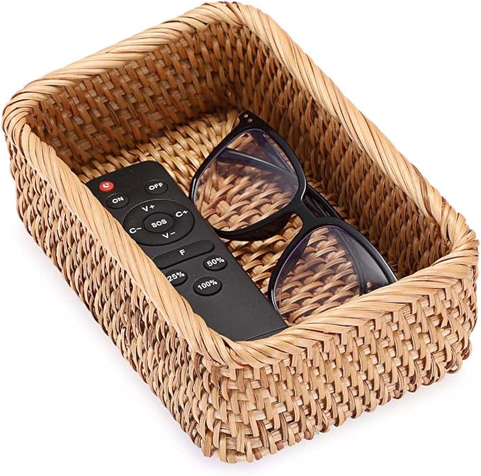 BTSKY Remote Control Basket 7.9" x 5.1", Decorative Small Basket Handwoven Rattan Storage for Jewelry, Cosmetics, Wicker Organizer Rattan Holder for Living Room Coffee Table Entryway Bedroom Vanity