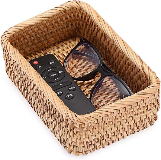 BTSKY Remote Control Basket 7.9" x 5.1", Decorative Small Basket Handwoven Rattan Storage for Jewelry, Cosmetics, Wicker Organizer Rattan Holder for Living Room Coffee Table Entryway Bedroom Vanity