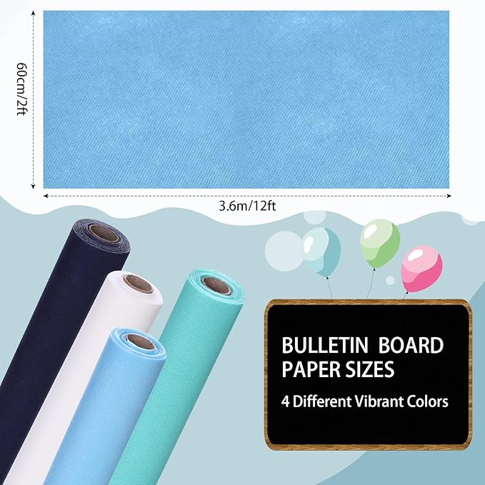 Skyygemm 4 Rolls Colored Bulletin Board Paper Nonwoven Craft Waterproof Fade Resistant Bulletin Board Paper Roll Bulk for Fall Art Decor Drawing Craft Painting(Blue,2 x 12 ft)