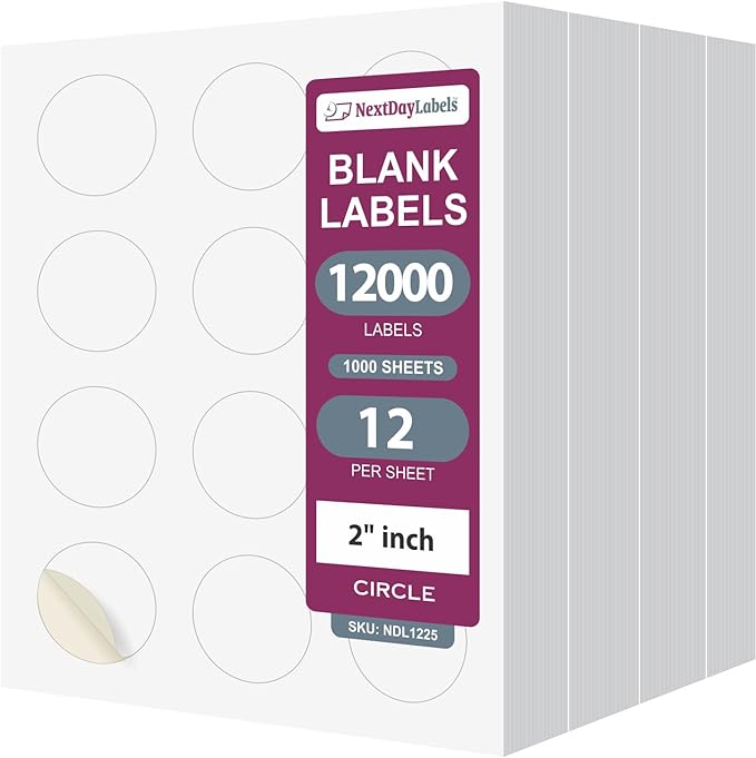 NextDayLabels 2 Inch Round Circle Stickers White for Bleeds Laser Inkjet - 12 Per Sheet Self-Adhesive Candle Jar Product Lids Made in USA - 12,000 Labels