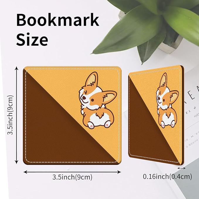 Cute Leather Bookmarks, Fun Triangle Making Corner Bookmark, Book Accessories for Reading Book Lovers, Unbreakable Page Markers for Women Men Yellow Cute Corgi Dog