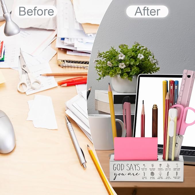 YODOCAMP God Says You Are Pen and Pencil Holder, Inspirational Desk Organizer with Bible Verses, Christian Gifts for Women, Teachers, and Leaders, Religious Appreciation Gift for Office Desk TZC76