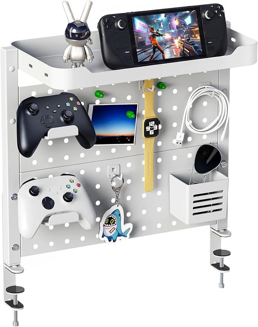 ARES WING Clamp On Desk Pegboard with 16 inches Organizer Shelf, Adjustable Above or Under Desk Storage Shelf Holds 44 lbs, Magnetic Metal Peg Board for Office and Gaming Accessories, White
