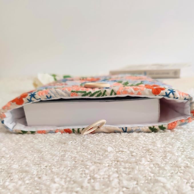 Floral Embroidered Canvas Book Sleeve - Elegant Book Cover, Padded Protector for Paperbacks & Hardcovers, Ideal for Book Lovers, Wooden Button (Meadow, Beige, Large)