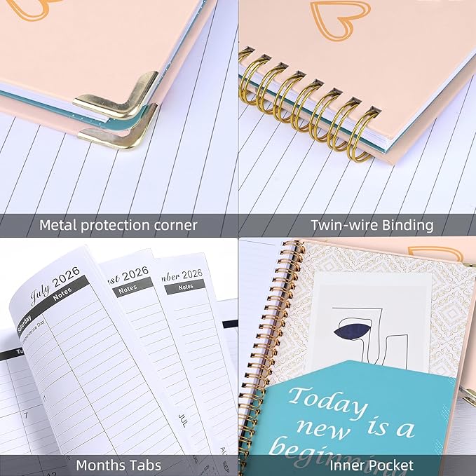 2026 Planner, Jan.2026 - Dec.2026 Weekly Monthly Planner 6.25"x8.5" with Page Tabs, Calendar Hardcover with Inner Pocket, Elastic Band, Twin-Wire Binding, Bookmark, Pink Love Heart