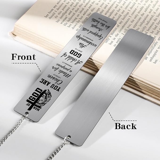Bible Verse Metal Bookmark - Christian Man of God Lion Book Mark with Cross Pendant Religious Scripture Inspirational Page Marker Gift for Reading Men Birthday Church Baptism Accessories