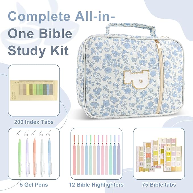 Personalized Initial Bible Cover Case for Women Girls Kid - Large Quilted Bible Case with Handle, Stylish Chenille Letter Bag Study Supplies, Perfect Christmas Gifts for Christians (Blue Flower-P)