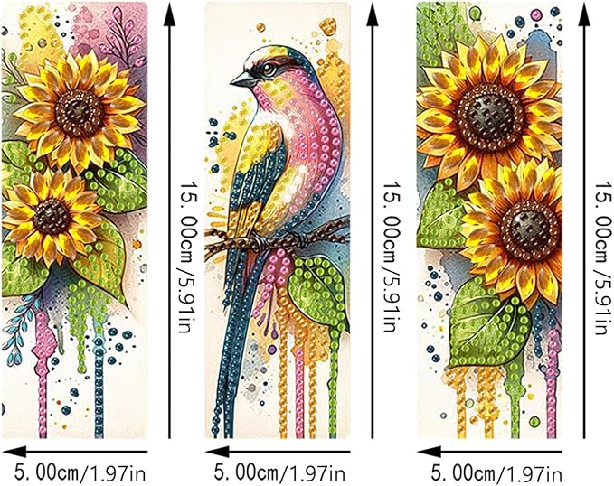 ARTopet 3Pcs DIY Diamond Art Painting Bookmarks with Colorful Butterfly Pendant PET Bookmark Ornament Double Sided Pattern Single Sided Diamond Book Marker Clip Gifts Tags-Sunflower Bird