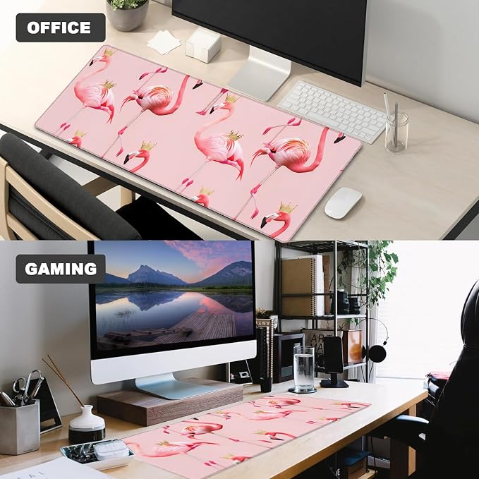 Cute Flamingo Gaming Mouse Pad – 12x31.5in Large Extended Desk Mat with Golden Crowns Design – Non-Slip Rubber Pink Mousepad for Office Home – Deskmat Gifts for Animal Lovers Decor