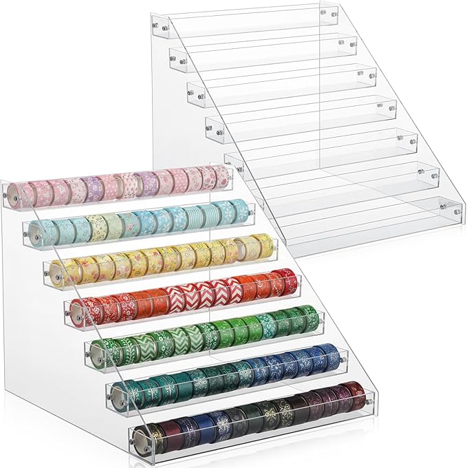 2 Pack Christmas 7 Tier Washi Tape Organizer, Clear Plastic Washi Tape Storage Rack, Assembly Storage Holder Dispenser Desk Accessories Display Caddy for Art Craft Supplies