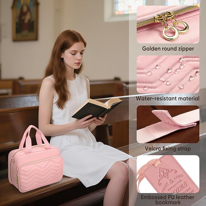 FINPAC Large Bible Cover Case for Women, Bible Study Supplies Journaling Kit with Shoulder Strap, Christian Gifts Church Bag, Pink