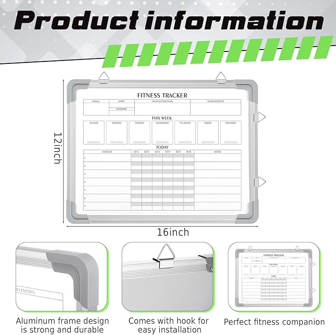 Lincia 16 x 12 Inch Fitness Tracker Whiteboard Workout Calendar for Home Gym Dry Erase Planner Hanging Removable to Do List for Wall Whiteboard with Aluminum Frame for Gym Program(Style A)