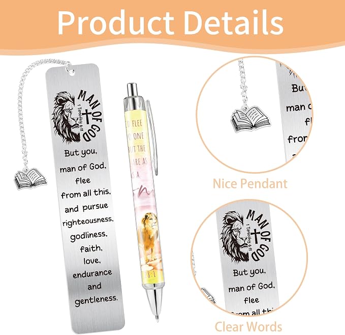 Christian Man of God Bible Bookmark with NFC, Metal Inspirational Faith Book Mark and Pen Set, Religious Book Marker for Reading Men, Catholic Gifts for Pastor Father Teacher School Office Supplies