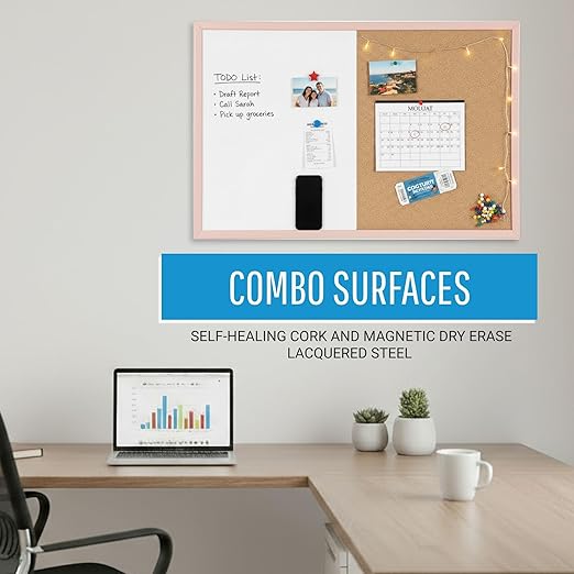 MasterVision Pastel Combo Bulletin and Dry Erase Board, 36" x 24", Salmon Pink Frame, Decorative Magnetic Whiteboard and Cork Board, Wall Décor for Home, Office, Dorm, or Classroom
