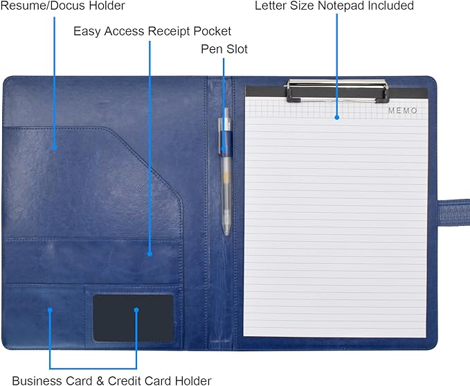 VANRA Padfolio Clipboard Folder Leather Portfolio Binder Organizer Interview Resume Folder for Papers Legal Document A4 Letter Size Writing Pad Notepad Clip Boards with Business Card Holder (Blue)