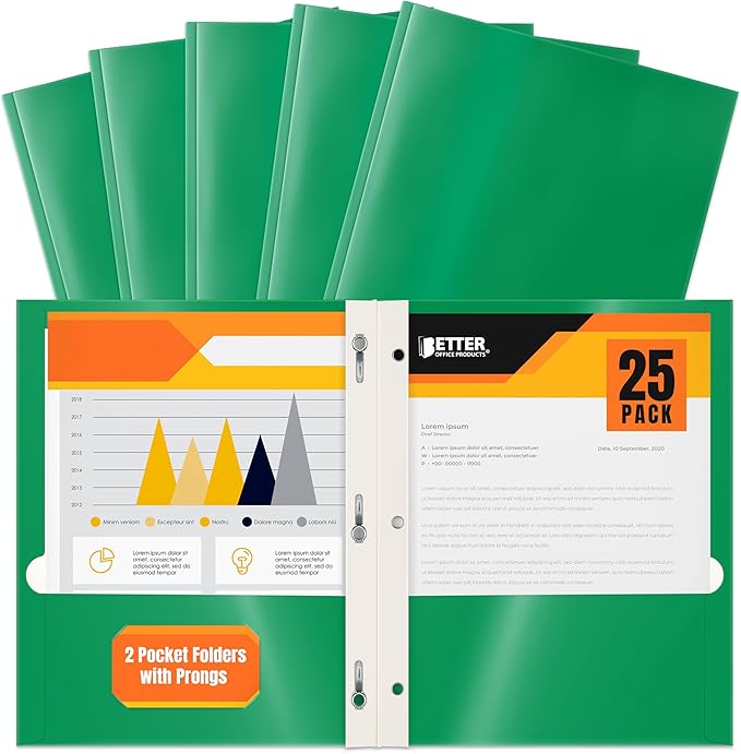 Better Office Products 25-Pack Glossy Green 8.5 x 11-Inch File Folders with 3 Metal Prongs, Letter Size