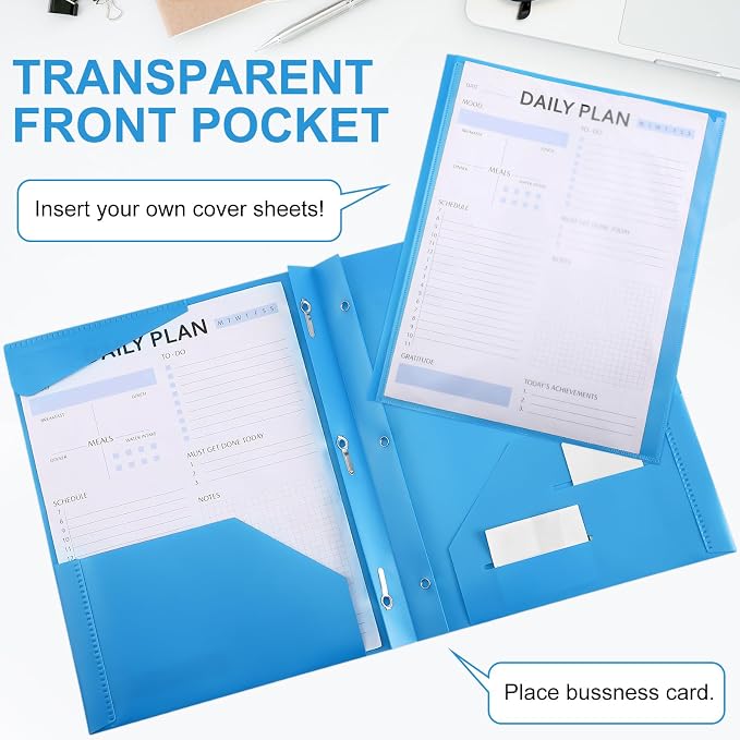 Tenceur 36 Pack Plastic Folders with 3 Prongs Bulk Heavy Duty Folders with Clear Front Pockets and Card Slots with Fasteners Fit Letter-Size Papers for Work School Office (Mix Colors)