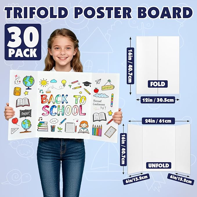 30 Pack Trifold Poster Board, 16in x 24in Corrugated Project Board, White Presentation Board, Trifold Display Board for School Project, Business Presentation, Science Fairs, Event Display