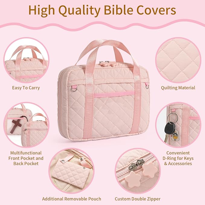 Quilted Bible Cover for Women, Zippered Bible Case with Handle, Bible Organizer Bag w/Multiple Pockets & Pen Slots Lightweight Bible Tote Bag for Church Study, Gifts for Women (Pink)