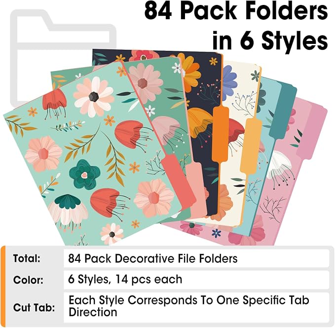 84 Pack Decorative File Folders, 1/3 Cut Tab Floral Colored Folders Letter Size 8.8 x 11.6 Inch, Assorted 6 Styles Filing Folder for Office School Business
