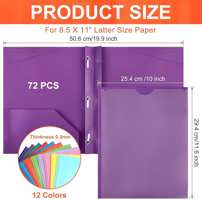 Tenceur 72 Pack Plastic Folders with 3 Prongs Bulk Heavy Duty Folders with Clear Front Pockets and Card Slots with Fasteners Fit Letter-Size Papers for Work School Office (Mix Colors)