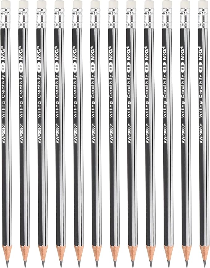 M&G Wooden Hexagonal Pencils, 12 Pcs HB Pencils Graphite Round Pencils with Eraser for Classroom Teacher Office Supplies, Silver Black