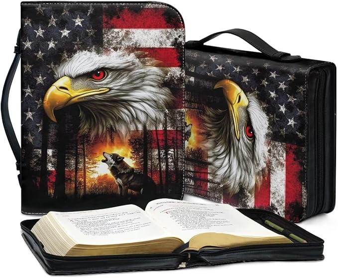 Leather Bible Covers for Men Women,Coloful PU Bible Bag with Bookmark Bible Case Carrying Bag Fits Book Accessory,Bald Eagle Wolf and American Flag Prints,X-Large