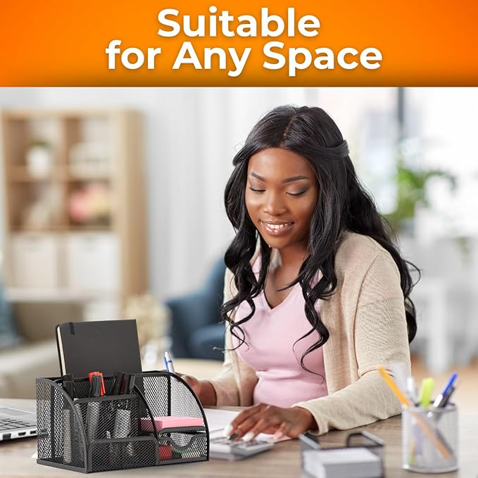 Mesh Desk Organizer - Office Accessories with Sticky Notes, 6 Compartments & Drawer, Pen Holder for Home, School