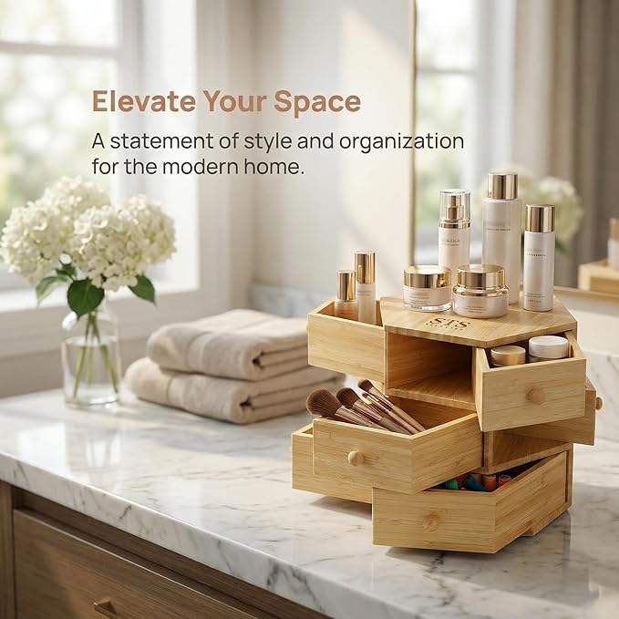 360° Rotatable Bamboo Desktop Organizer, Large Capacity Cosmetic & Jewelry Storage for Makeup Serum, Diamond, Easy Setup No Assembly (3-Tier 9-Drawers)