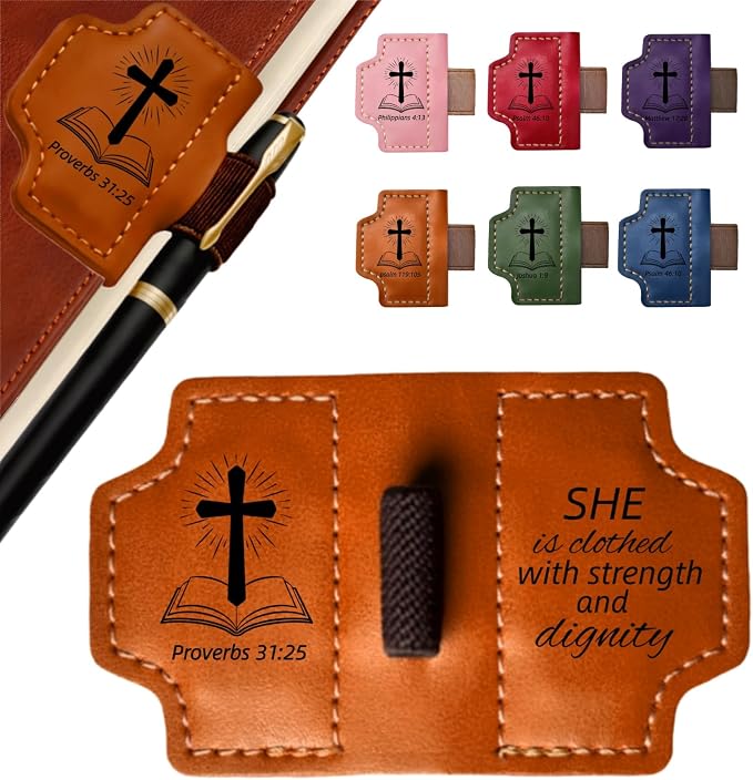 MOTEERLLU Bygone Mark Personalized Magnetic Leather Bookmark Pen Holder, Christian Gifts, Inspirational Bible Book Marks for Reading Women, Men, Teachers, Book Lover(Brown Proverbs 31:25)