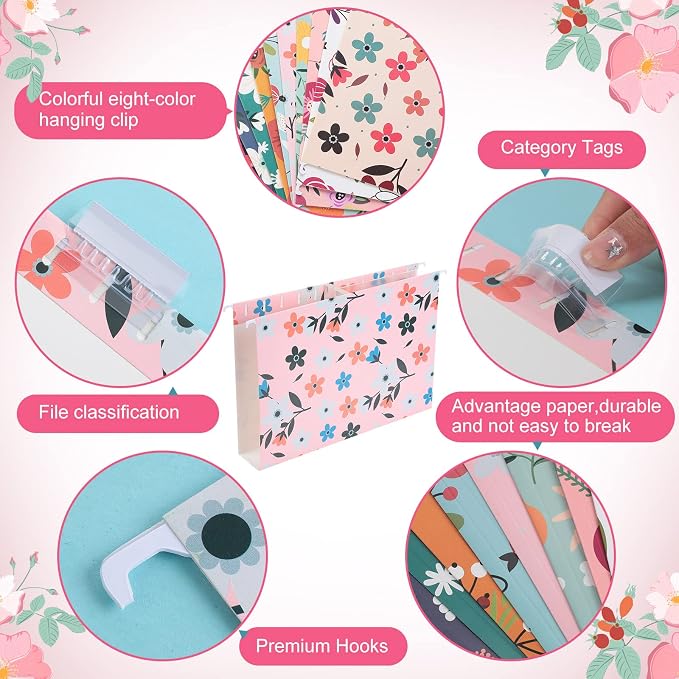 30 Pcs Decorative File Folders Floral Folders, 10 Colored Designs Cute Hanging File Folder Including Adjustable Tabs and Inserts, Letter Size Colored File Folders for Office