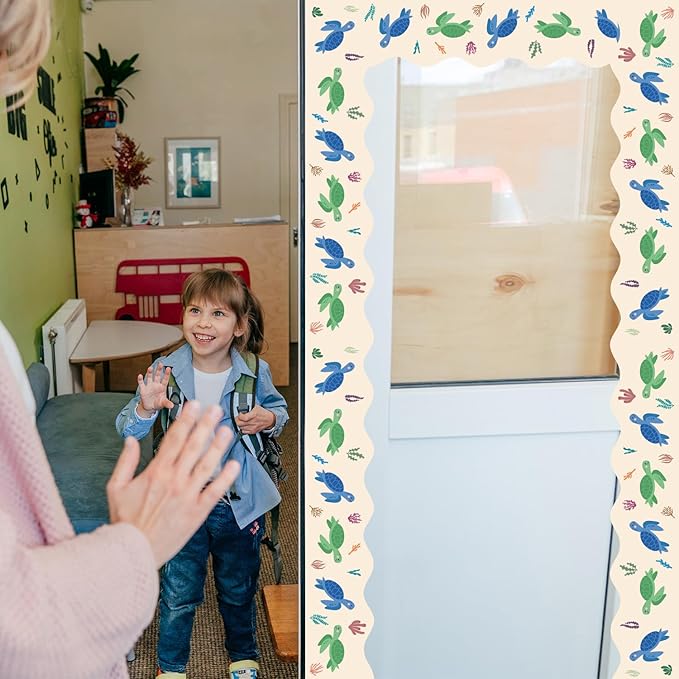 75Ft Ocean Bulletin Board Borders Summer Sea Themed Scalloped Trim Turtle Whale Fish Bulletin Borders Back to School Boho Classroom Home Office Chalkboard Wall Door Decorations for Summer Beach Pool