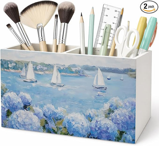 Coastal Beach Blue Hydrangea Pen Pencil Holder for Desk, Blue Pencil Holders Wooden Box Organizer for Girls Room Bedroom Dorm Desk Tabletop,Hydrangea Home Decor