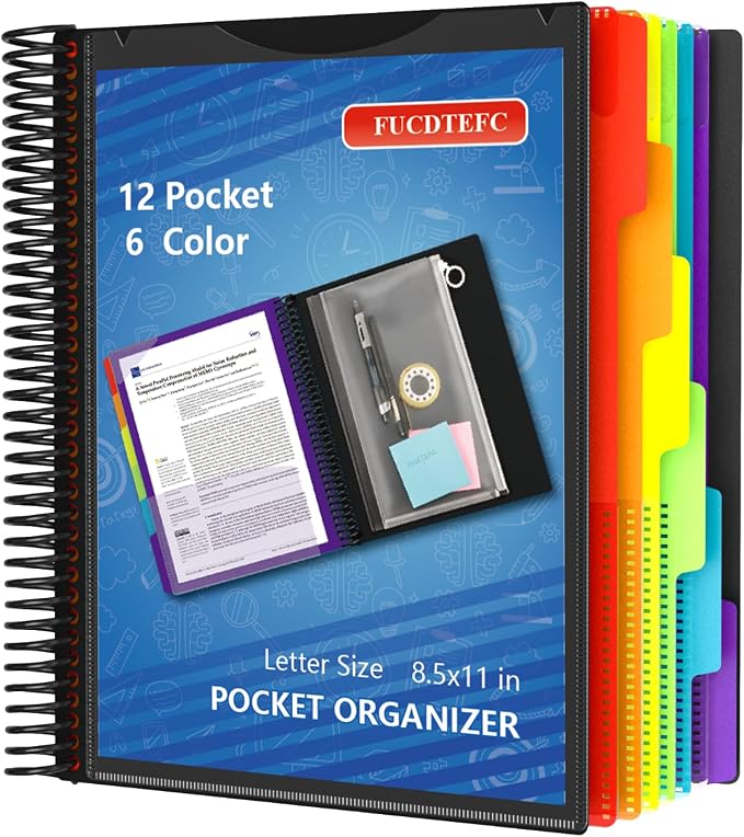 12 Pocket Project Organizer, 6 Color Letter Size Spiral Multi Pocket Folder Organizer, 1/6-cut Tab Poly File Organizer Binder with Dividers,Multi-Subject Binder Notebook School Office Supplies