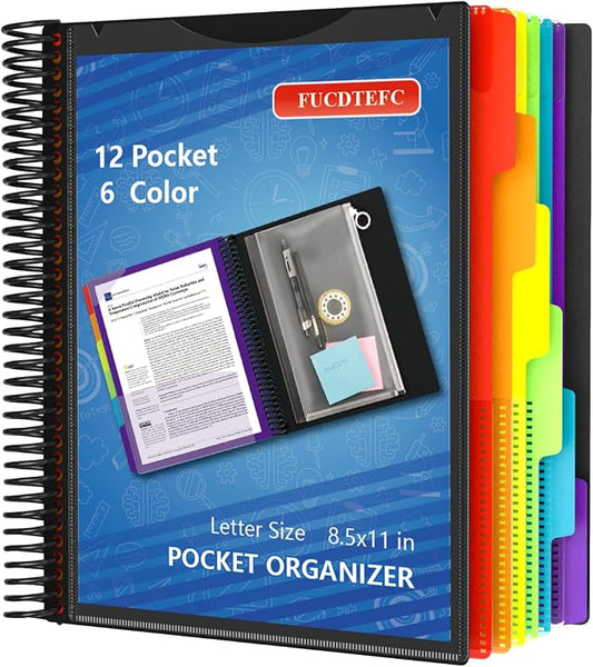12 Pocket Project Organizer, 6 Color Letter Size Spiral Multi Pocket Folder Organizer, 1/6-cut Tab Poly File Organizer Binder with Dividers,Multi-Subject Binder Notebook School Office Supplies