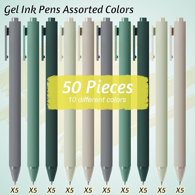 Crtiin 50 Pcs Gel Pens Bulk, 0.5mm Fine Point Black Ink Pens, Retractable Smooth Writing Quick Dry, Colored Aesthetic for School Office Journaling Teacher Appreciation Mother Day (Green Series)