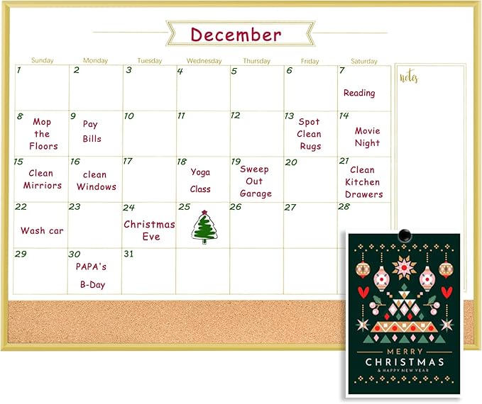 Whiteboard Calendar & Corkboard, 14.5" x 10.5" Dry Erase White Board & Bulletin Board, Gold Aluminum Frame Calendar/Cork Combo Board(ZHYL-Gold-2737-B)