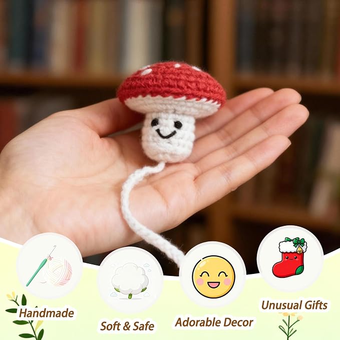 CharySim Crochet Mushroom Bookmark Set, 2PC Cute Handmade Mushroom Bookmarks for Women, 3D Aesthetic Funny Bookmark Gift for Book Lovers, Teacher Appreciation Gift