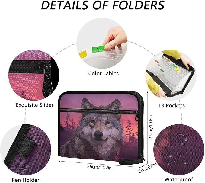Wolf Purple Accordion File Organizer Expanding Document Folder with 13 Pockets Portable File Folder for A4 Letter Size