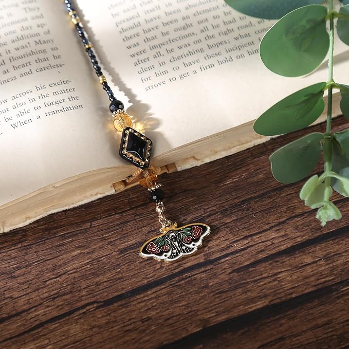 Vintage Moth Moon Beaded Bookmark - Gothic Fantasy Beads Book Mark for Women & Men, Unique Dark Academia Accessories Bookish Gifts for Booklovers Students Teachers