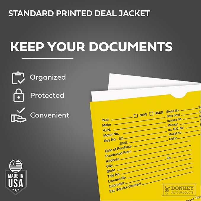 Printed Vehicle Deal Envelopes 9x12 Deal Jackets (100 shrink wrapped) (Yellow)