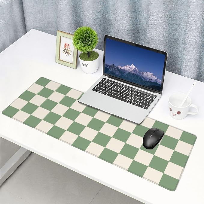 Green Checkered Cute Aesthetic Gaming Mouse Pad, Large Mouse Pad for Desk Mat XXL XL Mousepad, Big Keyboard Pad Office Desk Accessories Decor