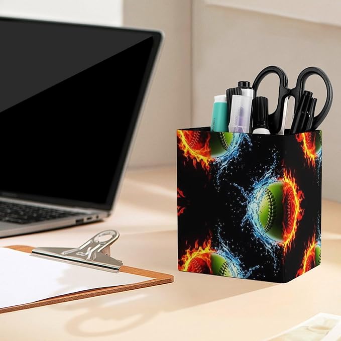 Women's Fashion Pencil Pen Holder Cup, Waterproof Office Supplies, Waterproof Multifunctional Office Supplies Ice Water Fire Flame Softball Baseballs