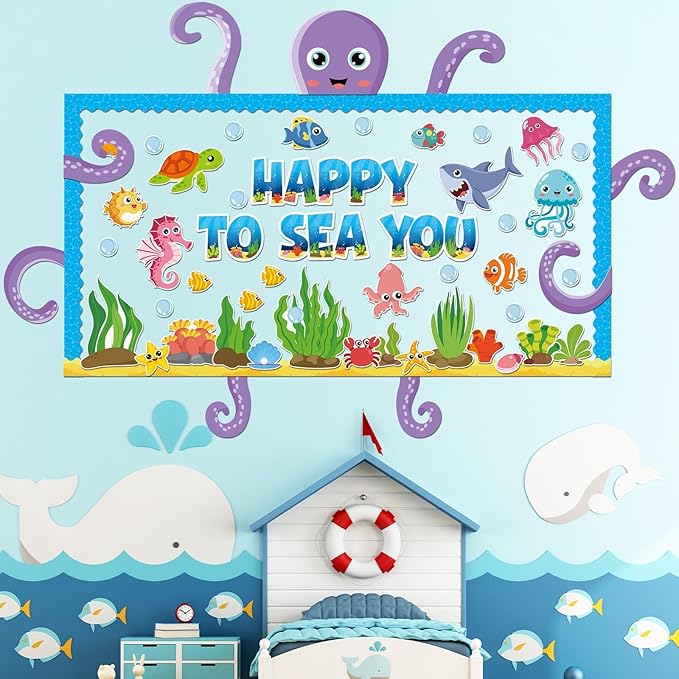 Ocean Bulletin Board Set Under the Sea Summer Classroom Bulletin Board Decoration Octopus Fish Animals Cutouts Ocean Wave Border Happy to Sea You Cutout for Education Craft Back to School Supply Decor