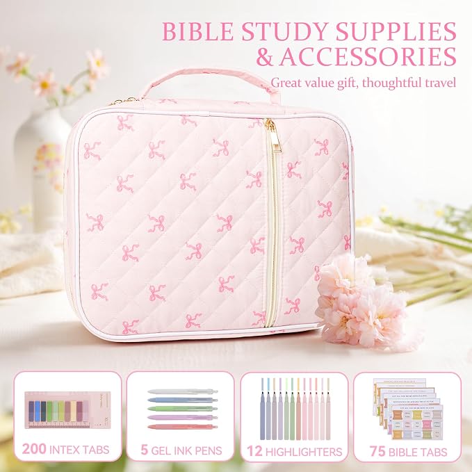 Bible Cover Case for Women Large Quilted Bible Carrying Bag with Handles Bible Study Supplies & Accessories Christian Gifts for Women(Cotton-Bow, M)