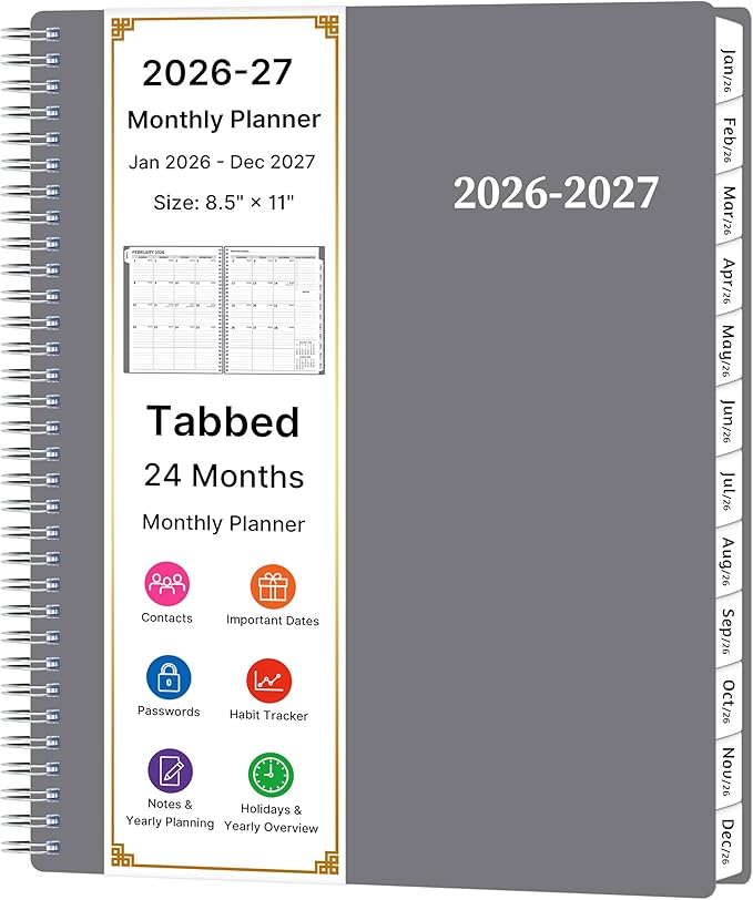 2026-2027 Monthly Planner, 2 Year Calendar Planner, Jan 2026 - Dec 2027, 8.5’’ x 11’’, Large Spiral Agenda, 24 Months, with Tabs ＆Pocket, Flexible Cover, Organizer for Office Home School, Grey