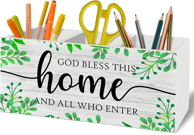 Christian Pen Pencil Holder Organizer for Desk Accessories, Bless This Home Bible Verse Wooden Box Sign Desk Decor for Home Office Decoration, Christian Gifts for Women Men, Housewarming Gifts