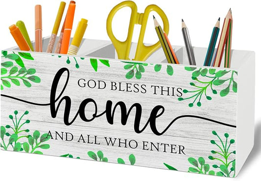 Christian Pen Pencil Holder Organizer for Desk Accessories, Bless This Home Bible Verse Wooden Box Sign Desk Decor for Home Office Decoration, Christian Gifts for Women Men, Housewarming Gifts
