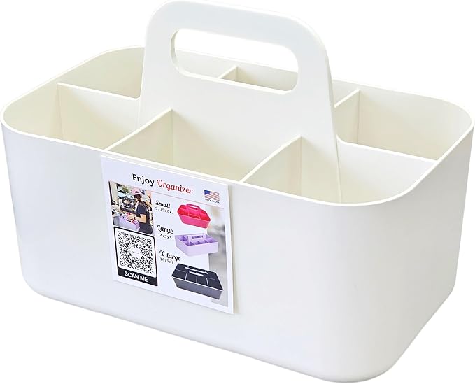Small Stackable Plastic Caddy with Handle 6 Compartment | Desk, Makeup, Dorm Caddy, Classroom Art Organizers - 4 Pack, Made In USA (Ivory)